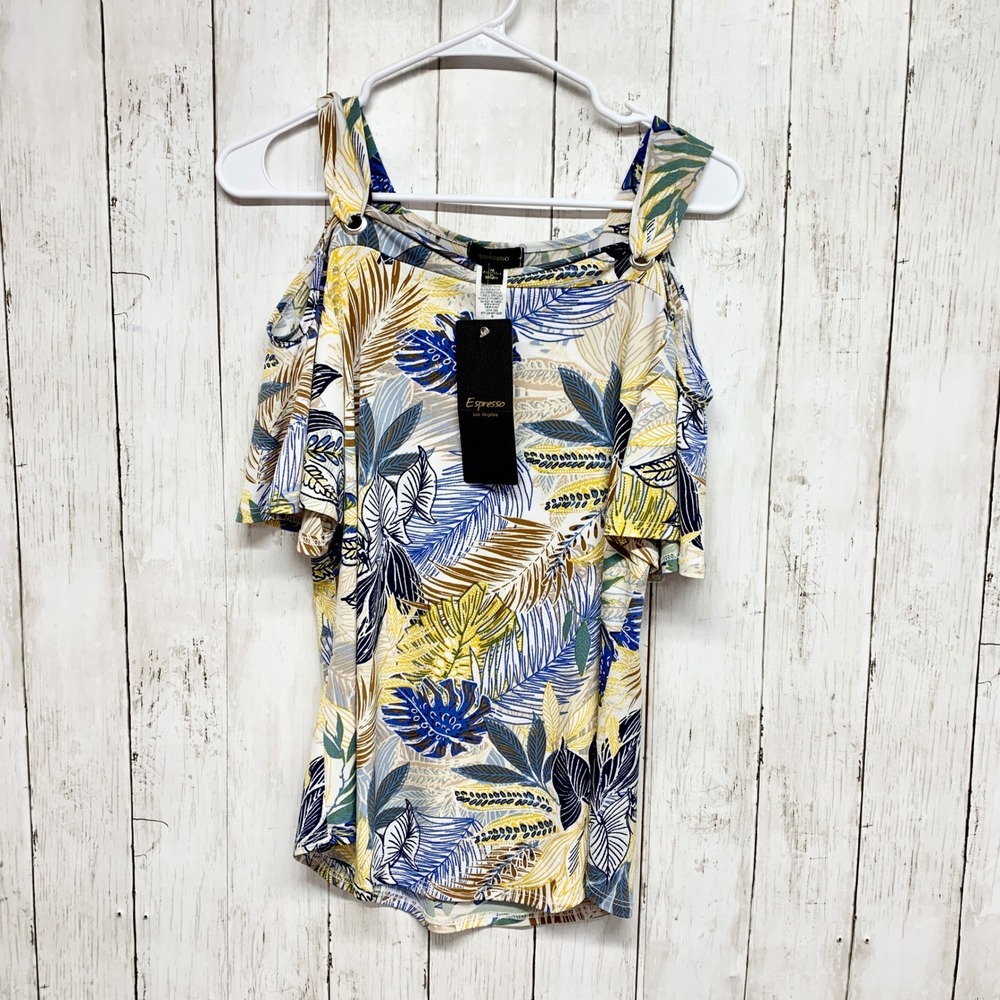 Espresso Tropical Palm‎ Cold Shoulder Top Women M Blue Yellow MIT18597 Beachy